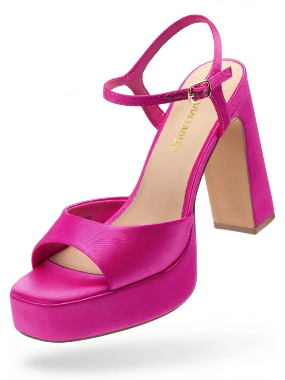 Women's Hot Pink Satin Comfort Square Toe Chunky Ankle Strap Block Heel Sandals